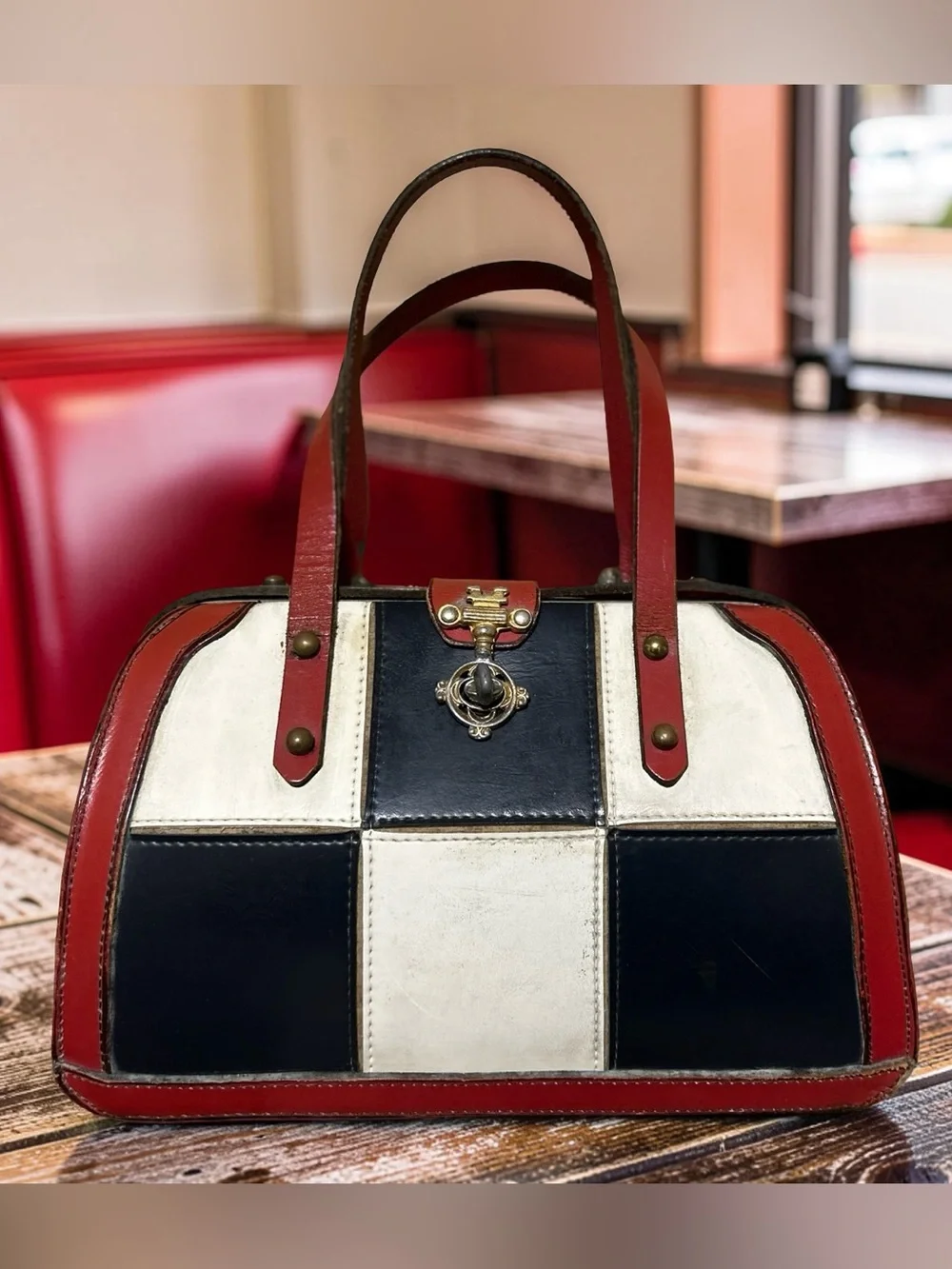 Tricolor Check Vintage Leather Satchel - Red, Navy & White